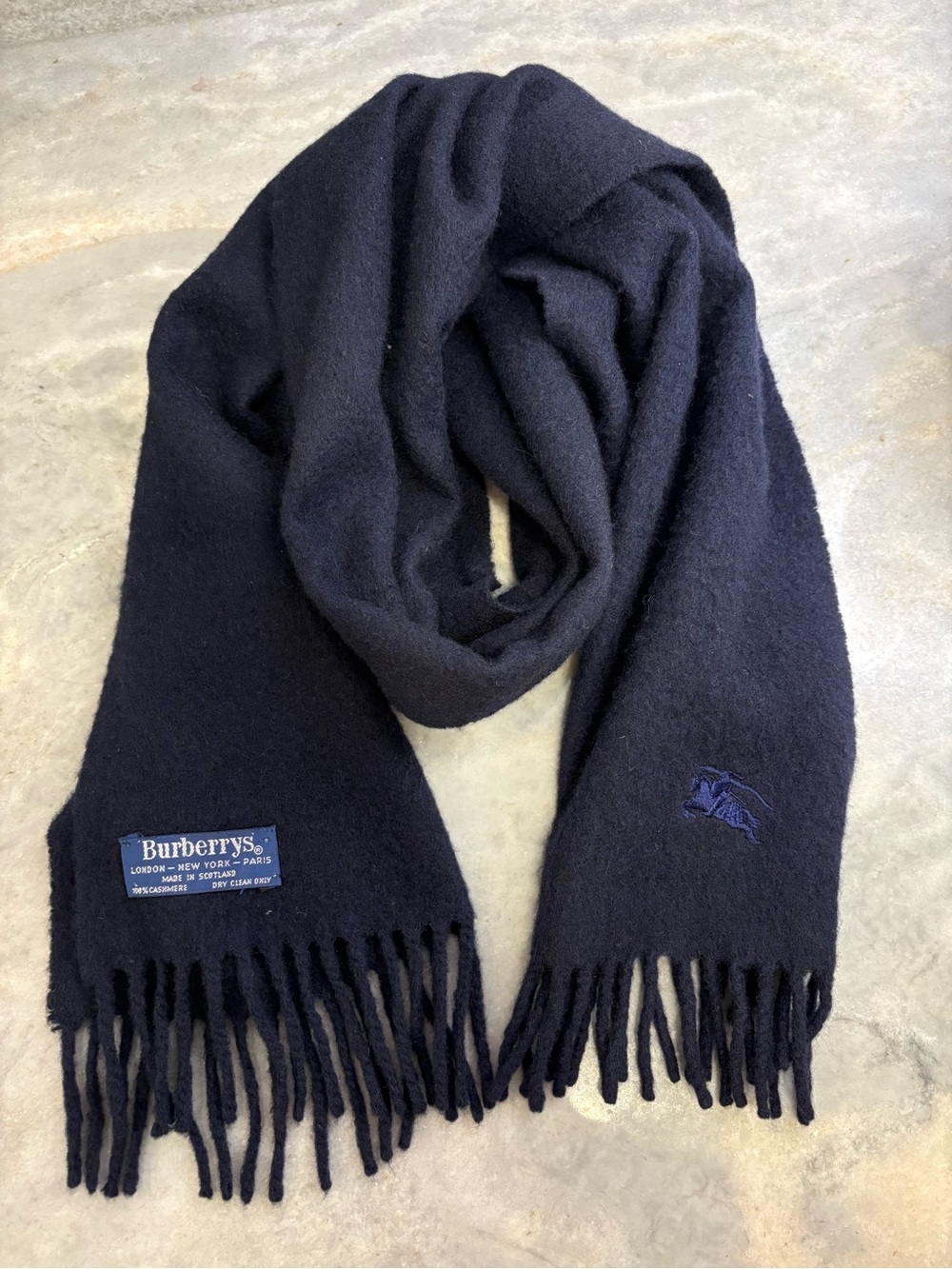 Vintage Burberrys Navy Blue 100% Cashmere Scarf Made in Scotland